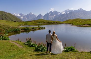 Koruldi Lake -  A wedding at a lake with view on mountains in Upper Svaneti, Caucasus, Georgia.